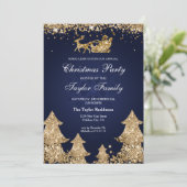 Elegante Navy Gold Glitzer Weihnachtsbaum Party Einladung (Stehend Vorderseite)