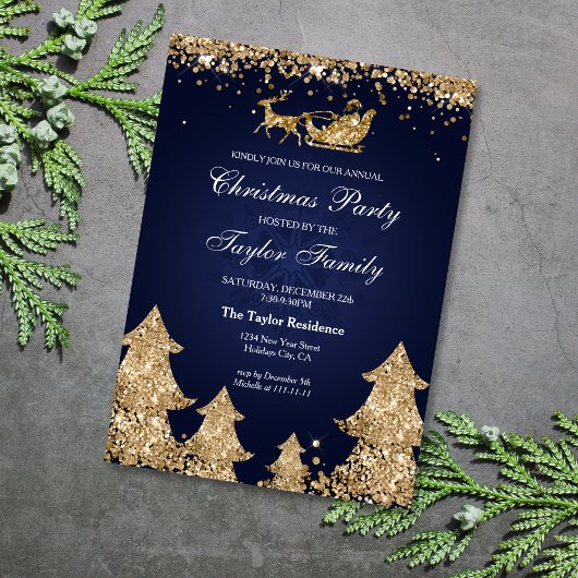 Elegante Navy Gold Glitzer Weihnachtsbaum Party Einladung