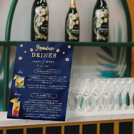 Elegante Navy Gold Hochzeit Floral Signature Drink Sockelschild