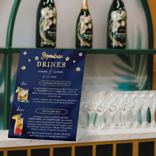 Elegante Navy Gold Hochzeit Floral Signature Drink Sockelschild