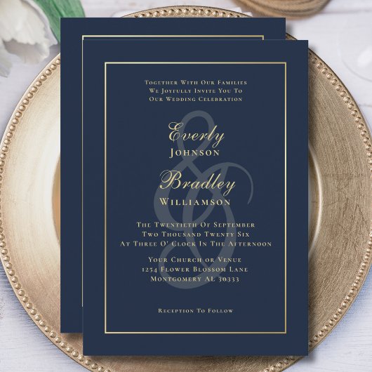 Elegante Navy Gold Minimal Foto QR Code Hochzeit Einladung