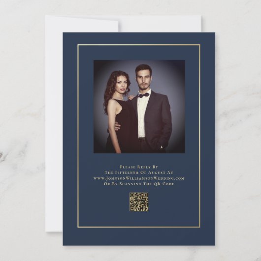 Elegante Navy Gold Minimal Foto QR Code Hochzeit Einladung (Rückseite)