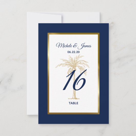 Elegante Navy Gold Palm Tree Hochzeit Tischnummer (Rückseite)