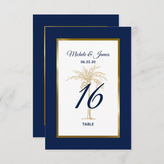 Elegante Navy Gold Palm Tree Hochzeit Tischnummer (Vorne/Hinten)