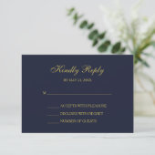 Elegante Navy & Gold Script RSVP Cards (Stehend Vorderseite)