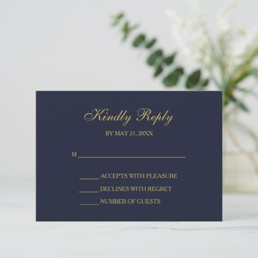Elegante Navy & Gold Script RSVP Cards (Stehend Vorderseite)