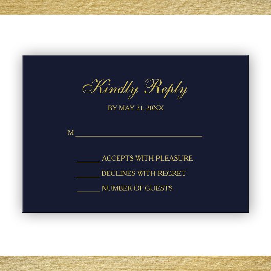 Elegante Navy & Gold Script RSVP Cards Karte