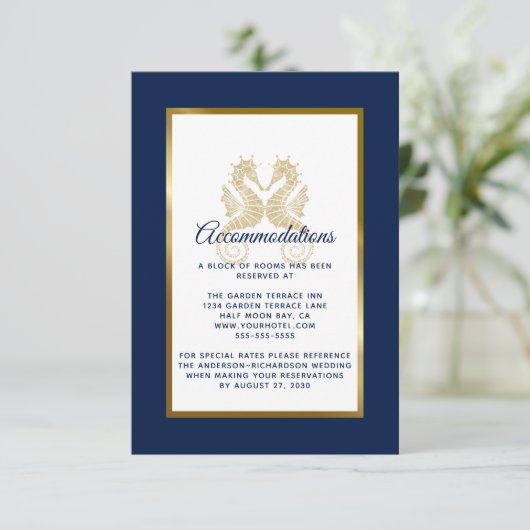 Elegante Navy Gold Seepferde Hochzeitsunterkünfte Begleitkarte (Stehend Vorderseite)