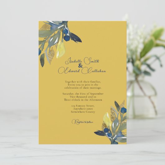 Elegante Navy & Gold Watercolor Blätter Hochzeit Einladung (Stehend Vorderseite)