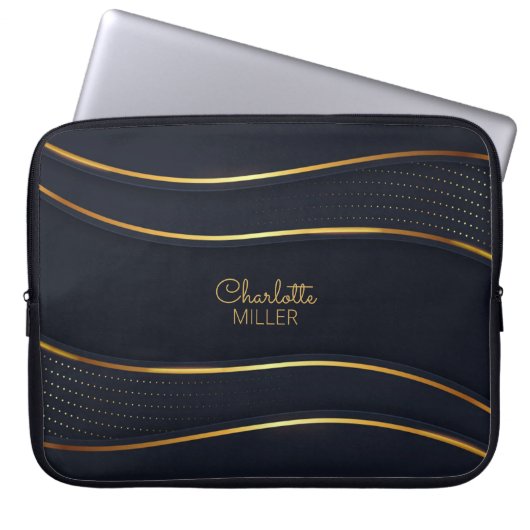Elegante Navy-Gold-Wavy-Linien und Anpassung Laptopschutzhülle (Vorderseite)