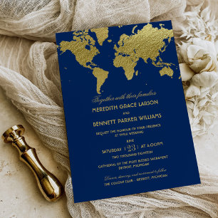 Elegante Navy-Gold-Weltkarte Hochzeit Einladung