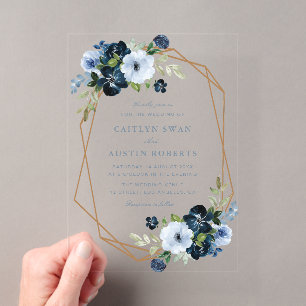 Elegante Navy- & hellblaue florale Hochzeit Acryleinladungen