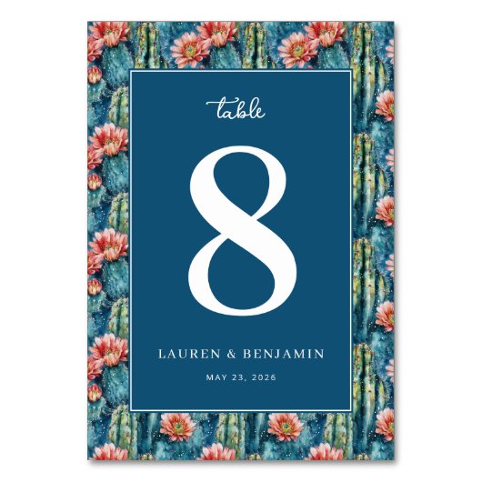 Elegante Navy-Kaktus-Blumenmuster Tischnummer (Vorderseite)