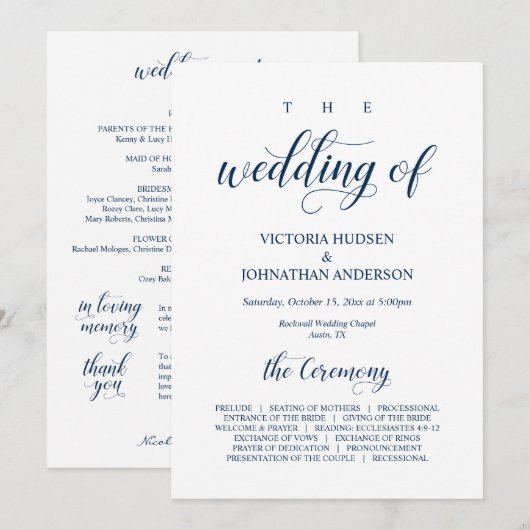 Elegante Navy-Klassikschrift, Hochzeitsfeier Programm (Vorne/Hinten)