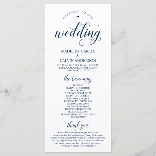 Elegante Navy-Klassikschrift, Hochzeitsfeier Programm (Vorderseite)