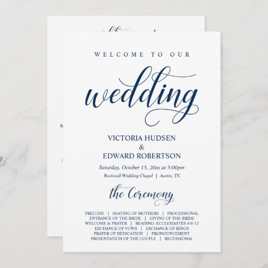 Elegante Navy-Klassikschrift, Hochzeitsfeier Programm (Vorne/Hinten)