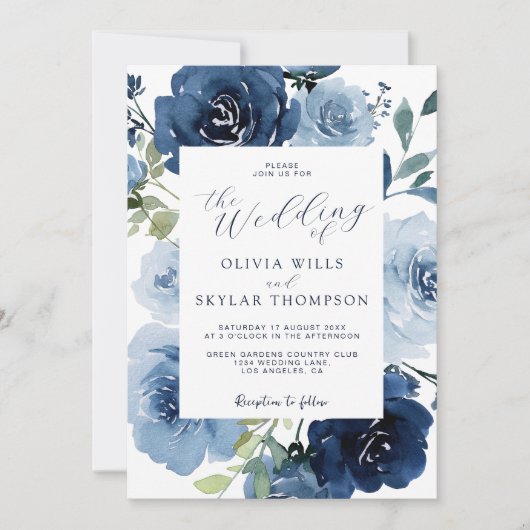 Elegante Navy Light Blue Dusty Blume Hochzeit Einladung (Vorderseite)
