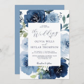 Elegante Navy Light Blue Dusty Blume Hochzeit Einladung (Vorne/Hinten)