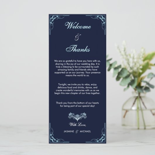 Elegante Navy & Light Blue Script Herzlichen Dank (Stehend Vorderseite)