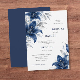 Elegante Navy-Lilie Silber Glitter Hochzeit Einladung