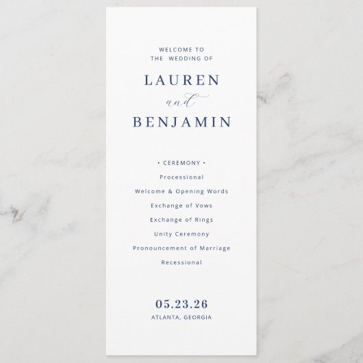 Elegante Navy-Minimalistische Hochzeitszeremonie Programm (Vorderseite)