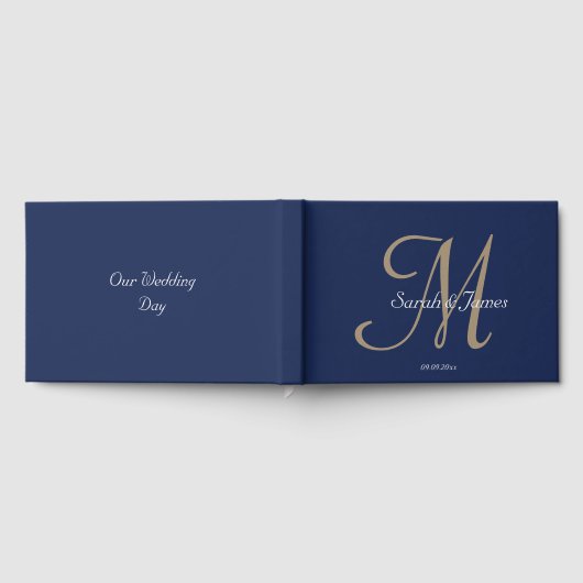 Elegante Navy Name Monogram Script Wedding Party Gästebuch (Voll)