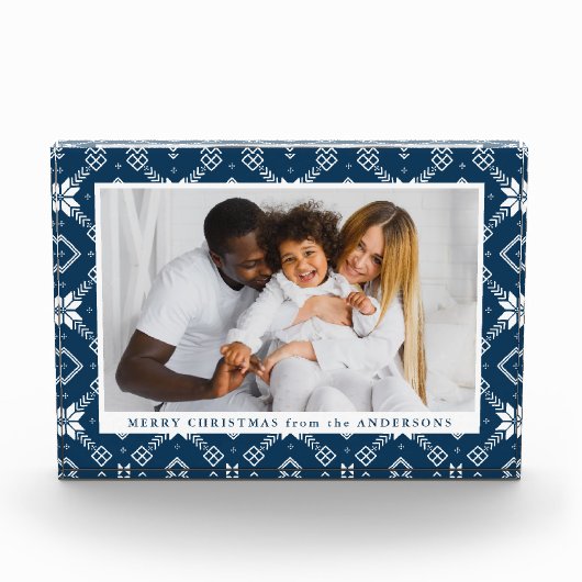 Elegante Navy Nordic Snowflake Muster Weihnachten Fotoblock (Vorderseite)