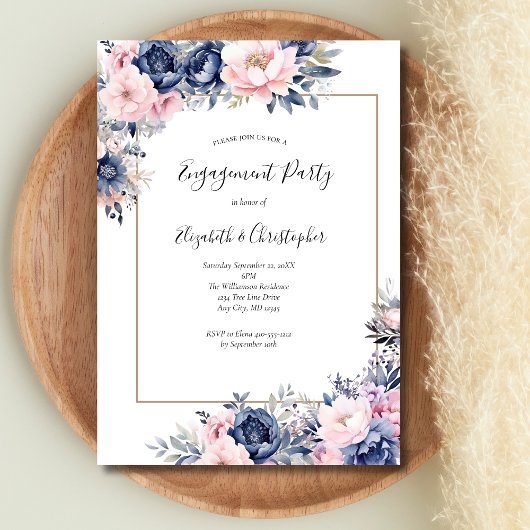 Elegante Navy Pink Floral Engagement Party Einladung