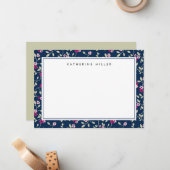 Elegante Navy Pink Floral Muster Note Card Mitteilungskarte (Vorderseite/Rückseite Beispiel)