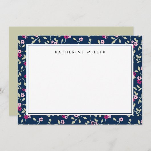 Elegante Navy Pink Floral Muster Note Card Mitteilungskarte (Vorne/Hinten)