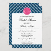 Elegante Navy-Quatrefolie mit rosa Monogramm Einladung (Vorne/Hinten)