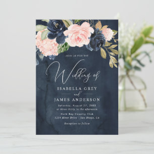 Elegante Navy-Rosa Florale Hochzeit Einladung