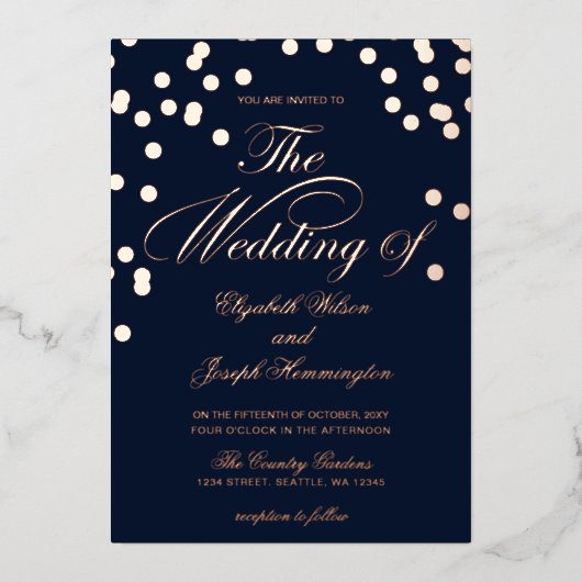 Elegante Navy Rose Gold Confetti Wedding Folieneinladung (Vorderseite)
