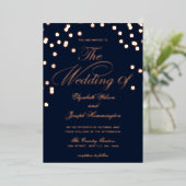 Elegante Navy Rose Gold Confetti Wedding Folieneinladung (Stehend vorne)