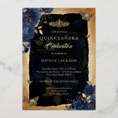 Elegante Navy Rose Gold Floral Foto Quinceanera Folieneinladung (Rückseite)
