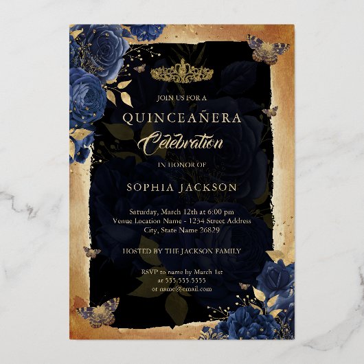 Elegante Navy Rose Gold Floral Foto Quinceanera Folieneinladung (Rückseite)