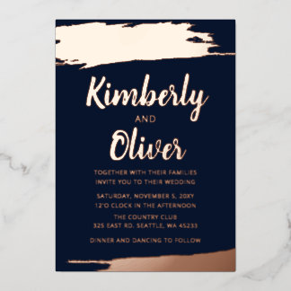 Elegante Navy Rose Gold gebürstete Hochzeit Folieneinladung