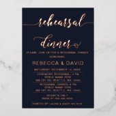Elegante Navy Rose Gold Script Probe Dinner Folieneinladung (Vorderseite)