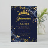 Elegante Navy Rose Gold Swirl Quinceanera Folieneinladung (Stehend vorne)