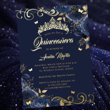 Elegante Navy Rose Gold Swirl Quinceanera