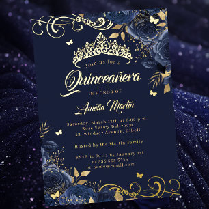 Elegante Navy Rose Gold Swirl Quinceanera Folieneinladung