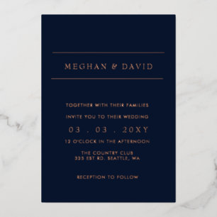 Elegante Navy Rose Gold Wedding Foil Einladung