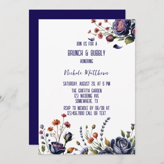 Elegante Navy Rose und Coral Brunch & Bubbly Einladung (Vorne/Hinten)