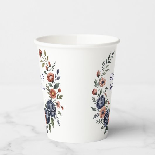 Elegante Navy Rose und Terracotta Florals Wedding Pappbecher (Links)