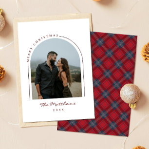 Elegante Navy-Rot-Tartan-Karo-Familienfoto-Bogen Feiertagskarte