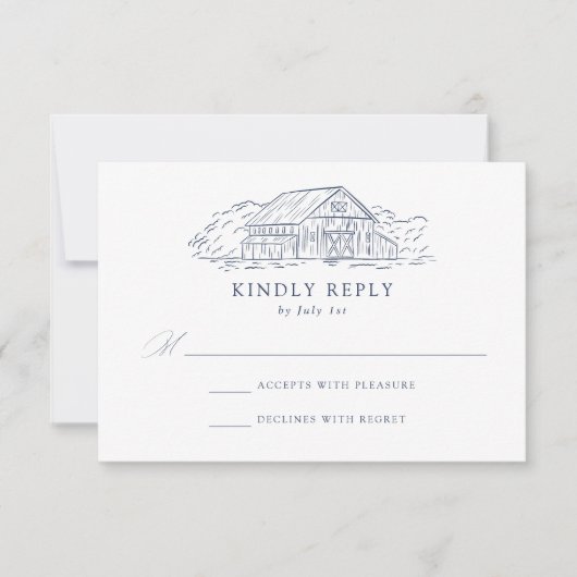Elegante Navy Rustic Barn Wedding RSVP Karte (Vorderseite)