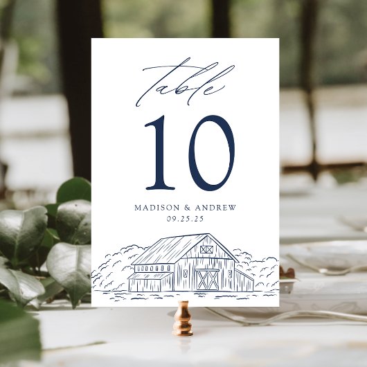 Elegante Navy Rustikale Scheunenhochzeit Tischnummer
