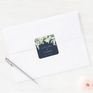 Elegante Navy-Schneeberry+Eukalyptus-Hochzeit Quadratischer Aufkleber