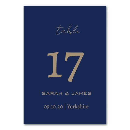 Elegante Navy Script Custom Tischnummer Card (Vorderseite)