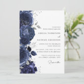 Elegante Navy-Silber-Blumenhochzeit Einladung (Stehend Vorderseite)